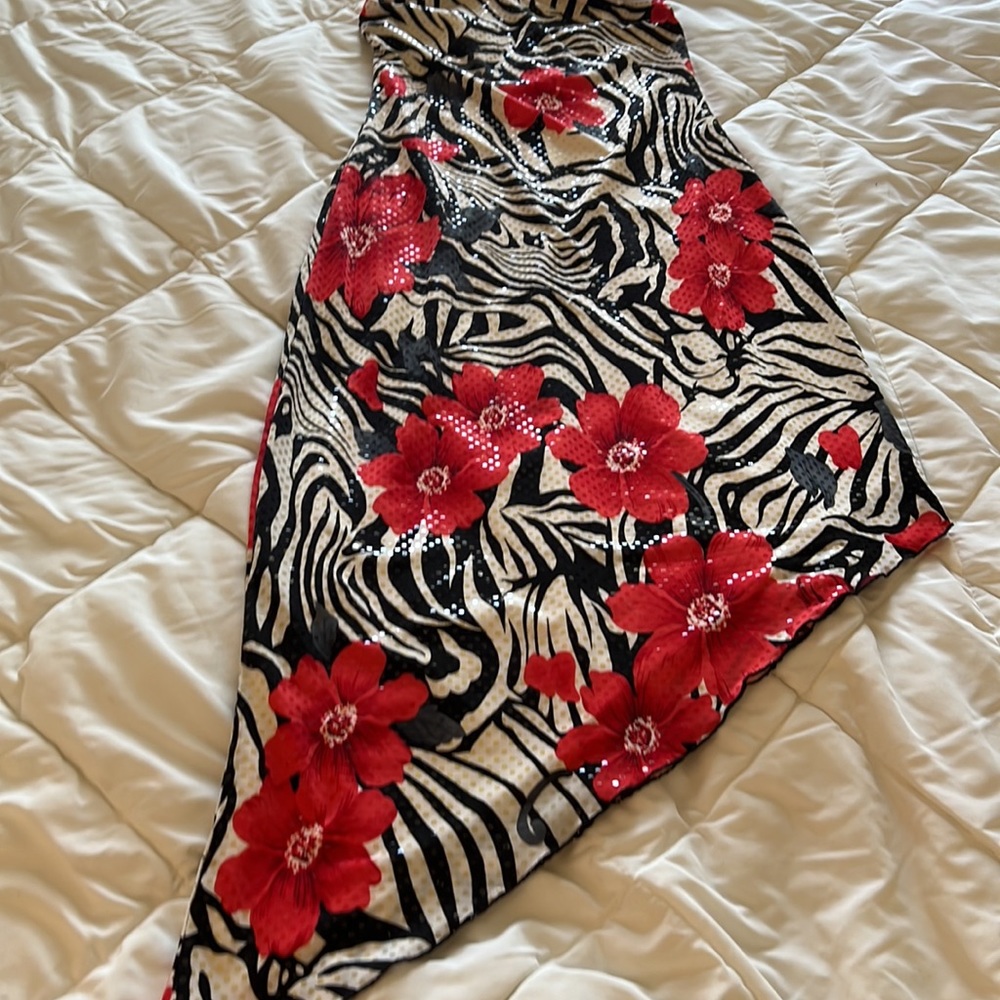 Vintage tropical floral colorful print tube form fitting stretchy dress X-small